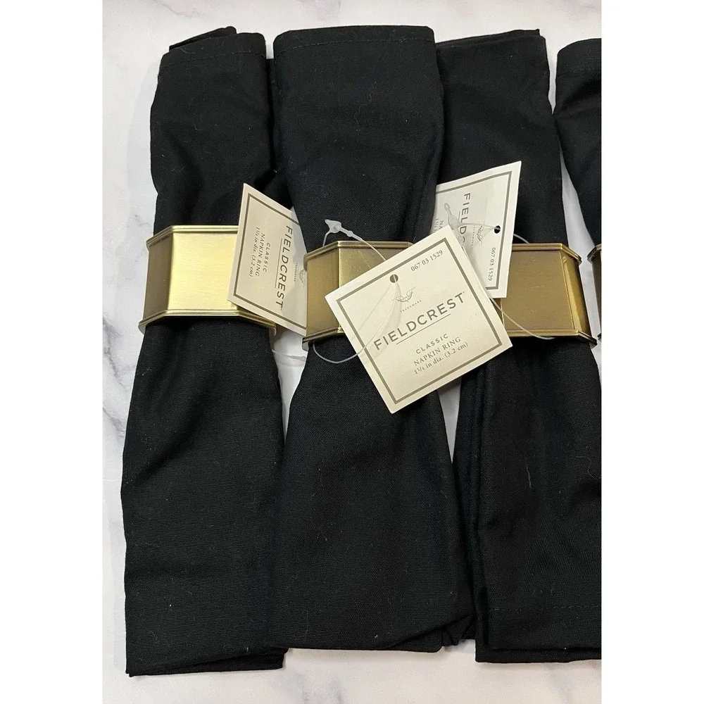 2000's Vintage Fieldcrest Brass Tone Napkin Rings W/ Black Napkins 6 Pc Set